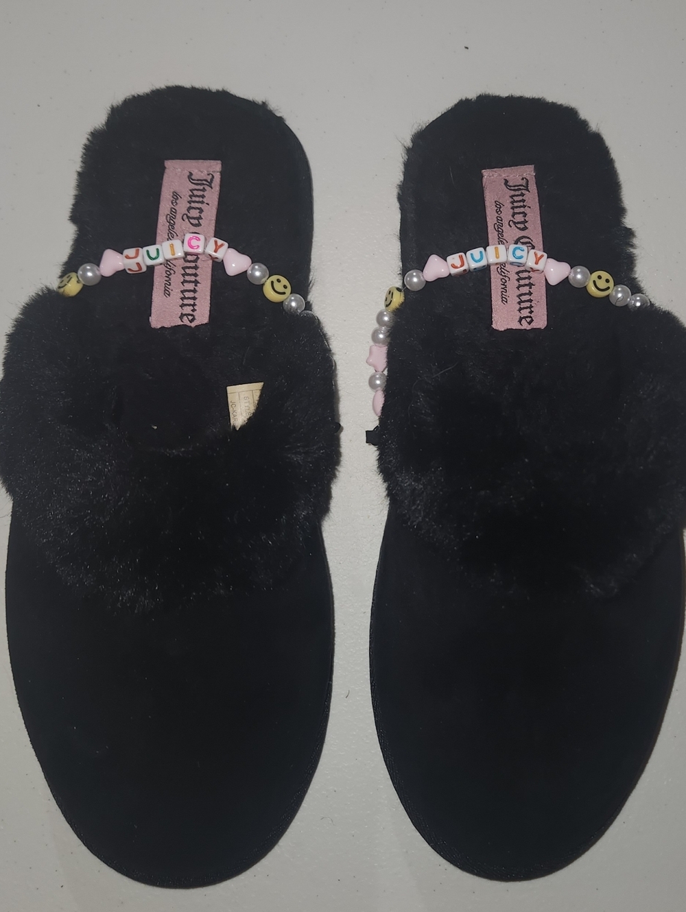 Juicy Couture Black Fuzzy Slide Slippers with Bead Accent Size L /9-10
